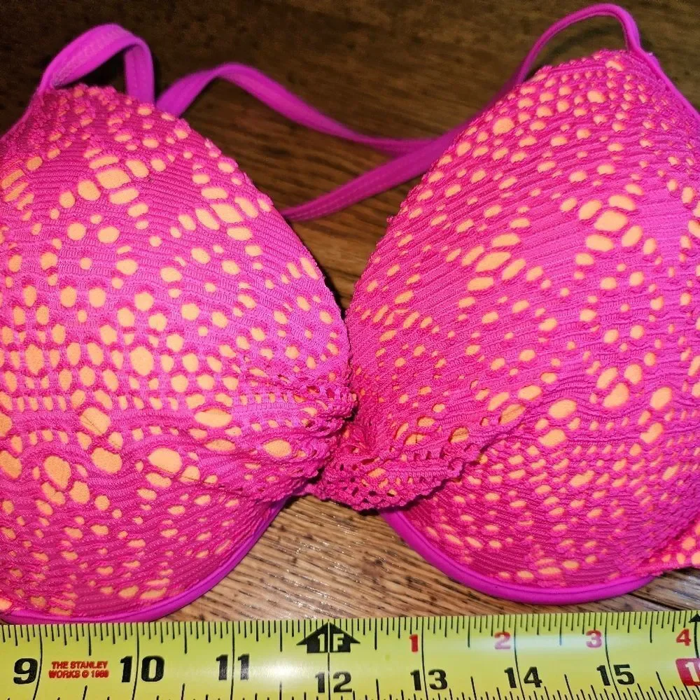 NWOT BONGO Junior M Bikini Top “Coachella Cool”‎ Pink/Orange Crochet Halter Swim
